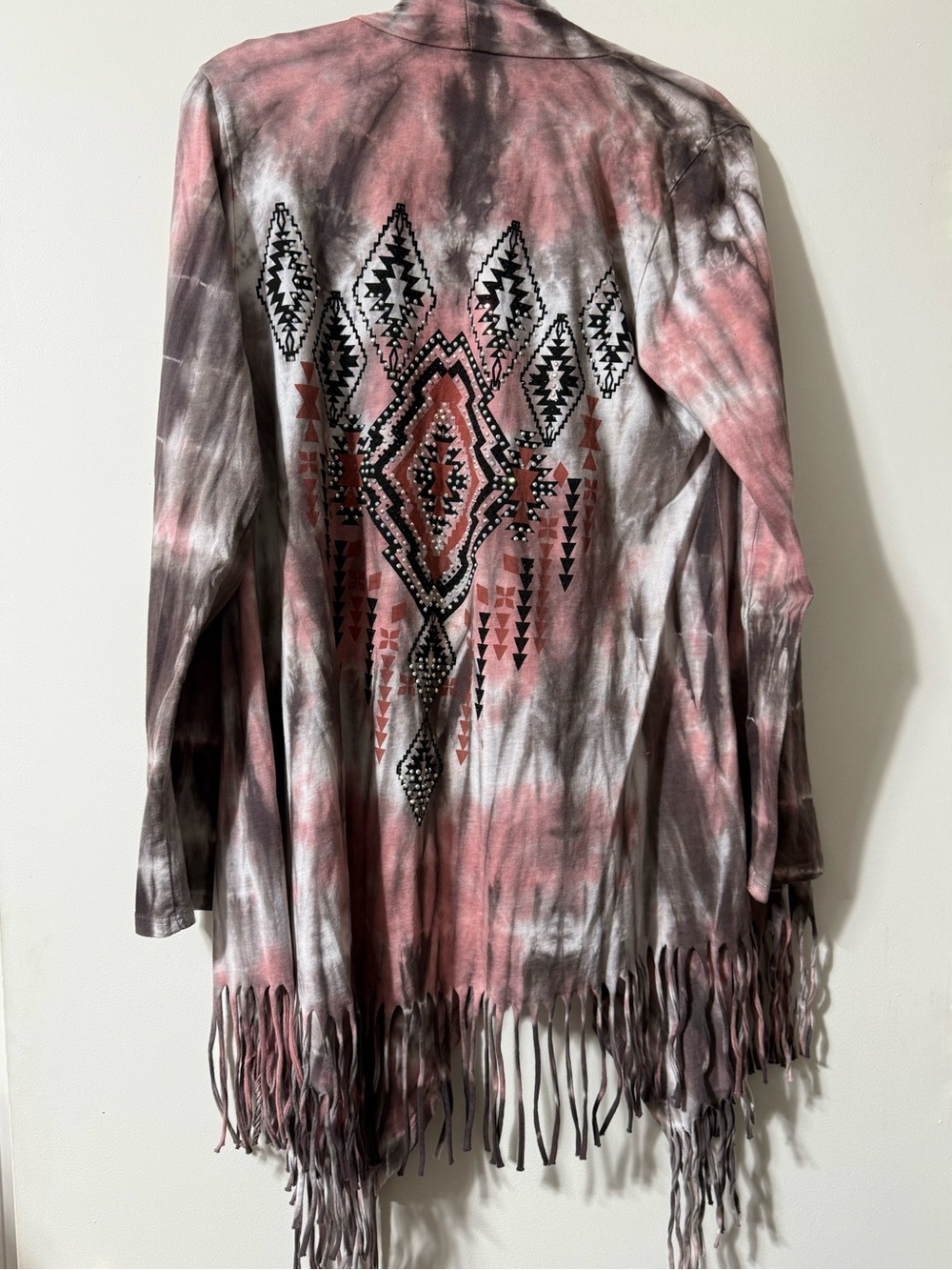 VOCAL Tie Dye Southwestern Rhinestone Fringe Open Cardigan Western Boho L - Picture 5 of 5